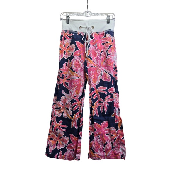 Lilly Pulitzer Pants - Lilly Pulitzer Linen Beach Pants Navy Pink Floral Tropical Drawstring XS Resort